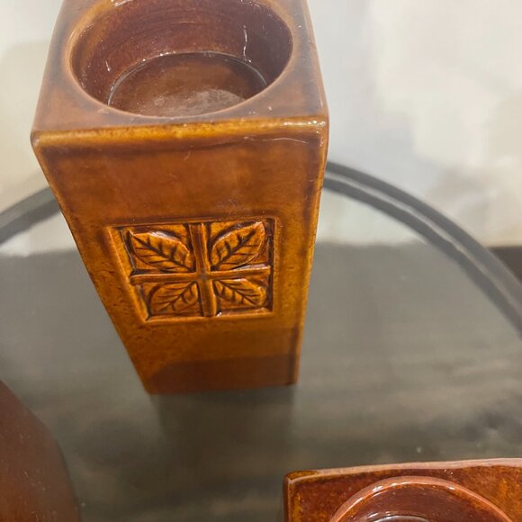 Brown Ceramic Staggered Column Candleholders with Leaf Design (Set of 3) - Picture 7 of 8
